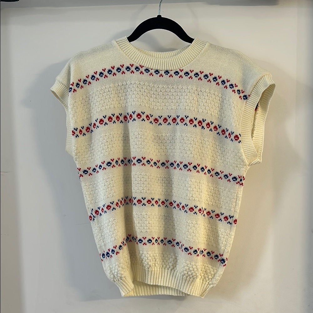 Cream Knit Sweater with Red and Blue Pattern